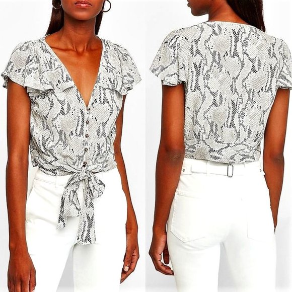 Eye-Catching Snakeskin Flutter Sleeve Tie-Front Blouse by Express XS - Picture 4 of 16